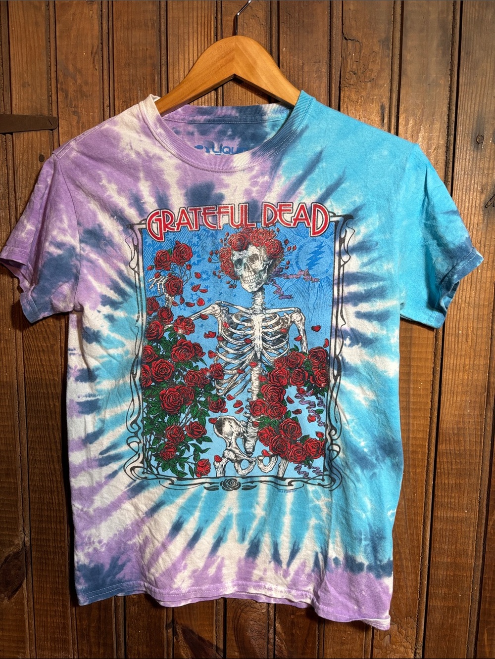 Liquid Blue Grateful Dead Blue Purple Tie-Dye Skeleton & Red Rose Graphic Tee